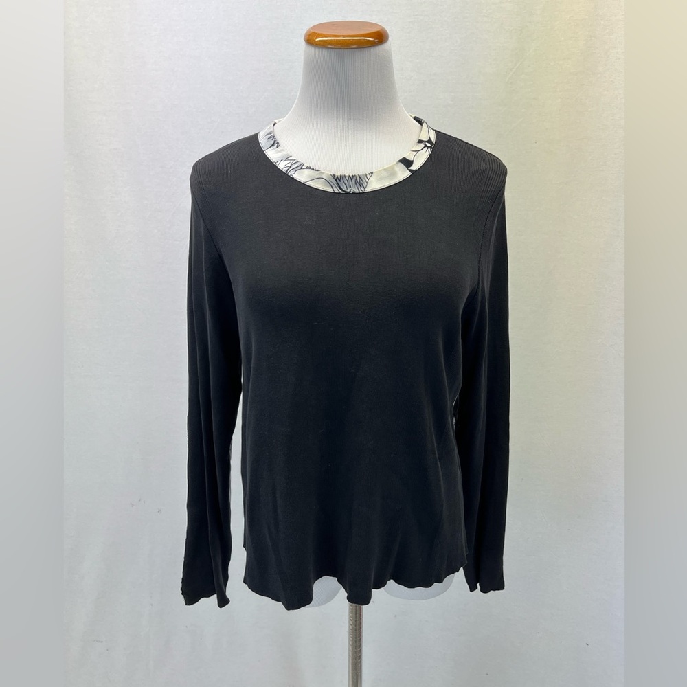 Burberry London Black w Floral Logo Detail 100% Cotton Long Sleeve Top Sz. L